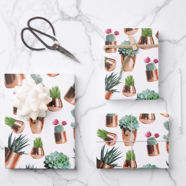 Cactus & Succulents in Rose Gold Pots Wrapping Paper Sheets (Front)