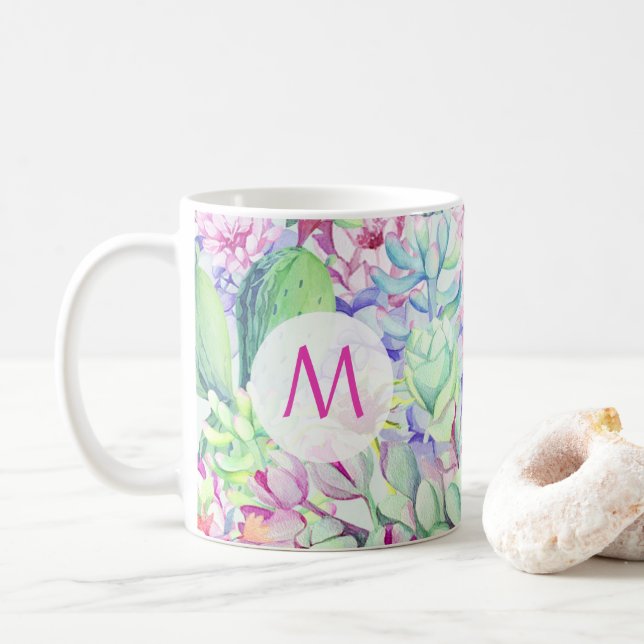 Cactus & Succulents Monogram Coffee Mug (With Donut)
