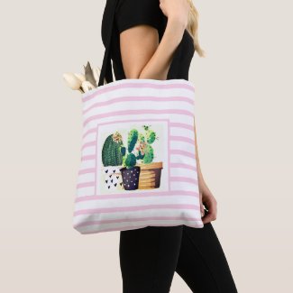 Cactus Succulents on Pink Striped Tote Bag