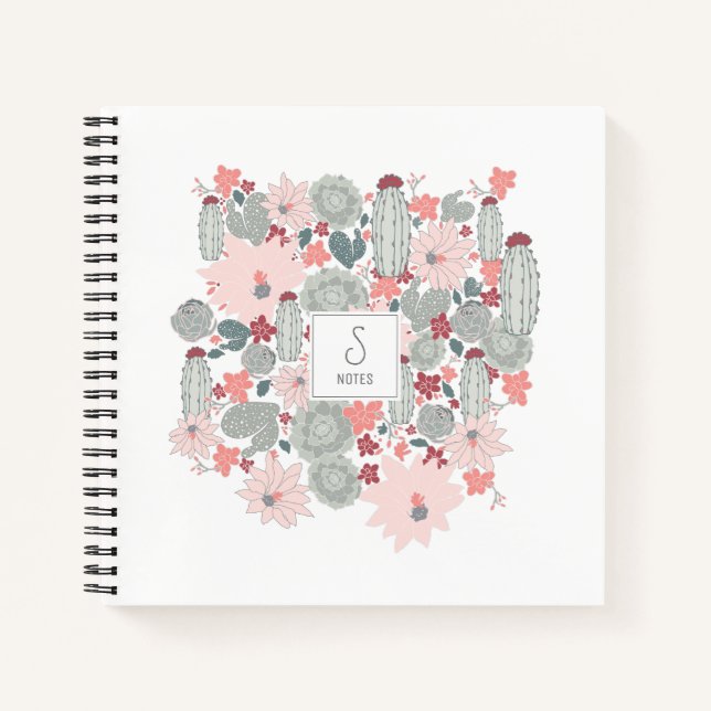 Cactus Succulents Pink Green Pattern Personalized Notebook (Front)