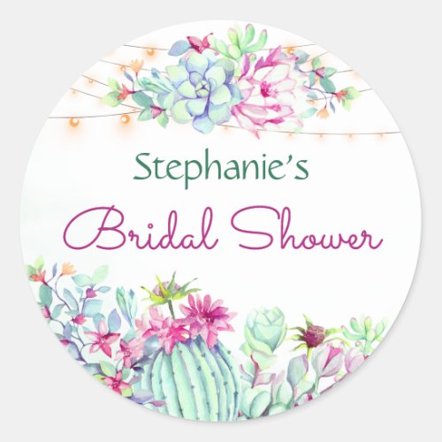 Cactus Succulents String Lights Bridal Shower Classic Round Sticker