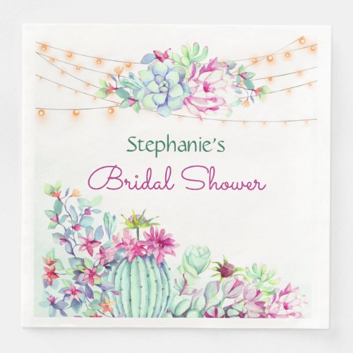 Cactus Succulents String Lights Bridal Shower Paper Dinner Napkins