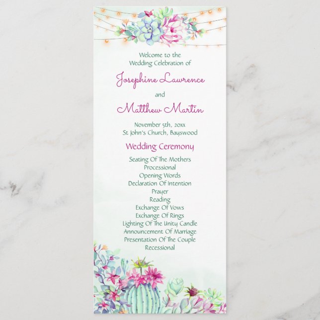 Cactus Succulents String Lights Wedding Programs (Front)