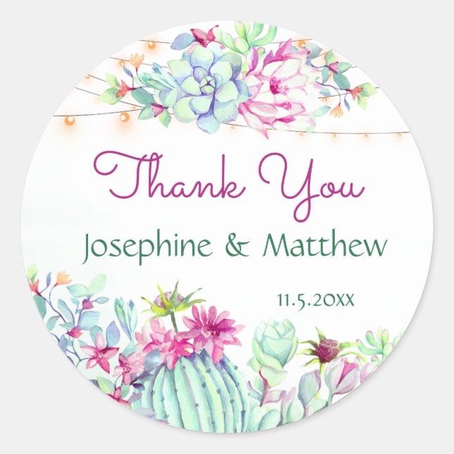 Cactus Succulents String Lights Wedding Thank You Classic Round Sticker (Front)