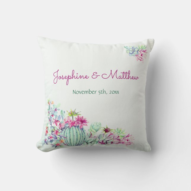 Cactus & Succulents Watercolor Wedding Throw Pillow (Front)