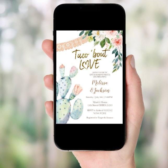 Cactus Taco Bout Love Pampas Grass Engagement  Invitation (Front Digital)