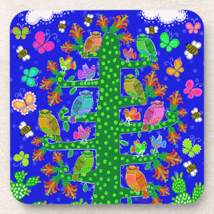 Cactus Tree of Life with Owls and Birds Beverage Coaster