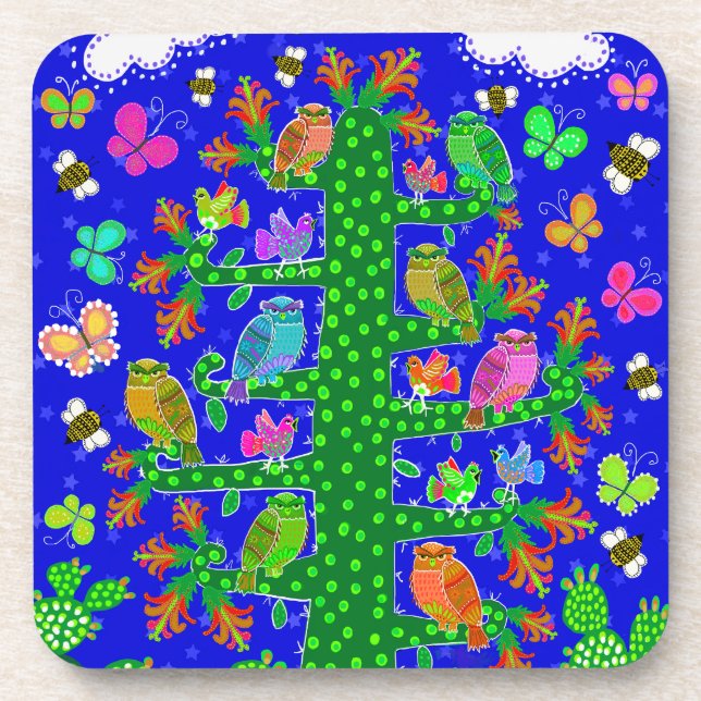 Cactus Tree of Life with Owls and Birds  Beverage Coaster (Front)
