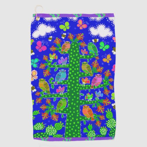 Cactus Tree of Life with Owls and Birds Golf towel