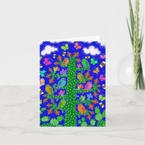 Cactus Tree of Life with Owls and Birds Note card