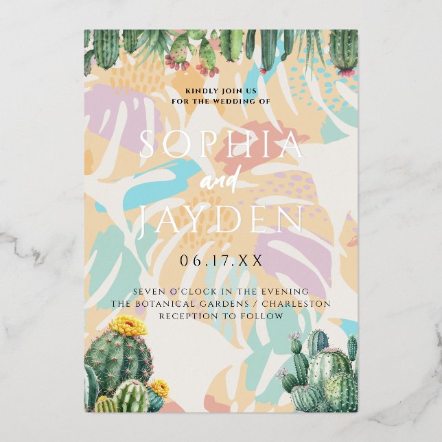 Cactus Tropical Palm Tree Desert Boho Wedding Foil Invitation (Front)