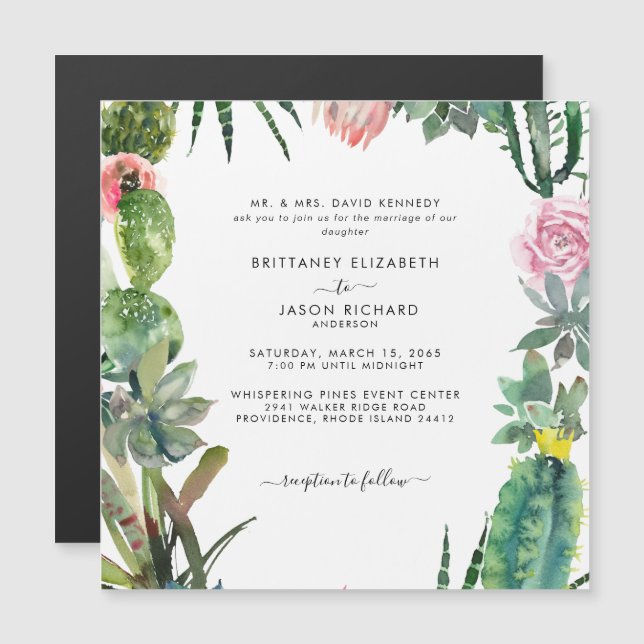 Cactus Tropical Square Wedding Invitation Magnet (Front/Back)