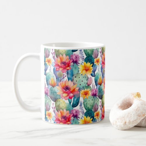 Cactus watercolor colorful desert flowers seamless coffee mug