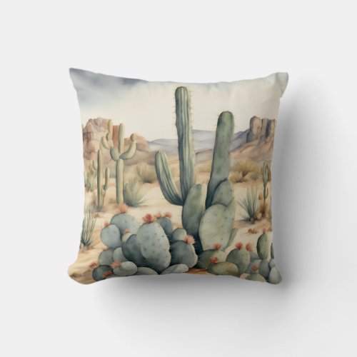 Cactus Watercolor Desert Delight Throw Pillow