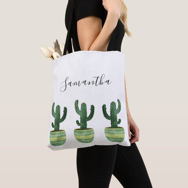 Cactus Watercolor Name Tote Bag (Close Up)