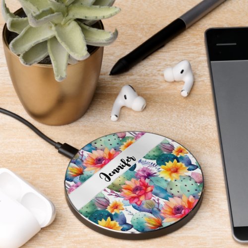 Cactus watercolor pattern floral desert plant wireless charger 