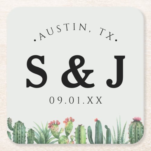 Cactus Watercolor Sage Garden Desert Green Wedding Square Paper Coaster