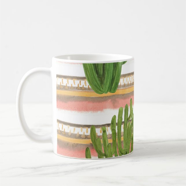 Cactus watercolor, stripe background, seamless pat coffee mug (Left)
