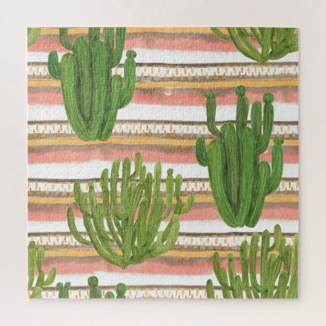 Cactus watercolor, stripe background, seamless pat jigsaw puzzle (Vertical)