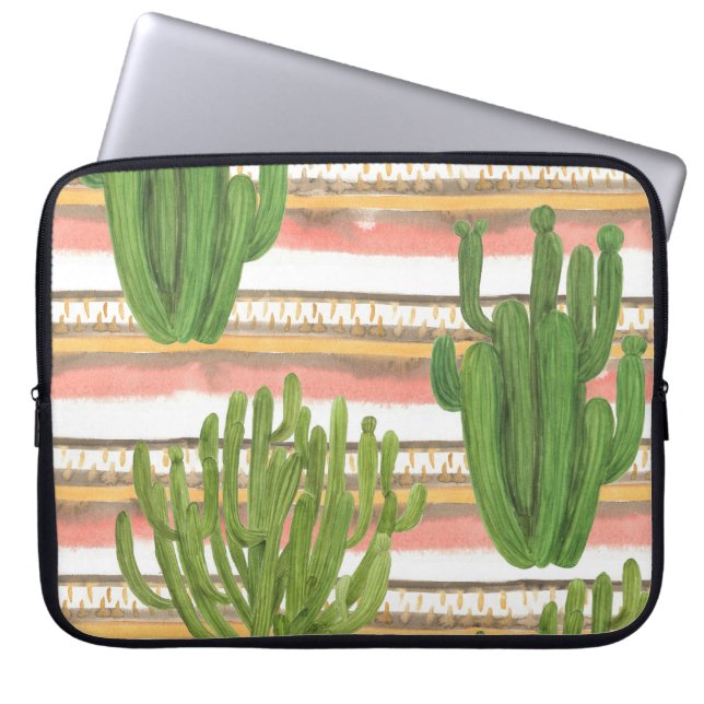 Cactus watercolor, stripe background, seamless pat laptop sleeve (Front)
