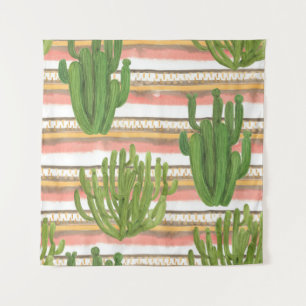 Cactus watercolor, stripe background, seamless pat tapestry