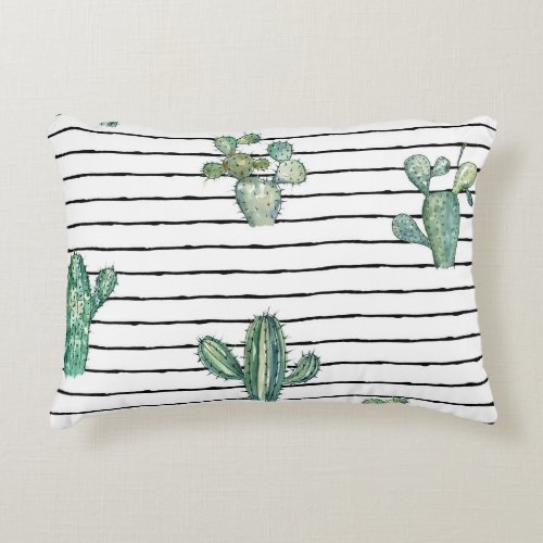 Cactus Watercolor Vintage Pen Drawing Accent Pillow