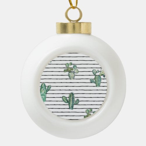 Cactus Watercolor Vintage Pen Drawing Ceramic Ball Christmas Ornament