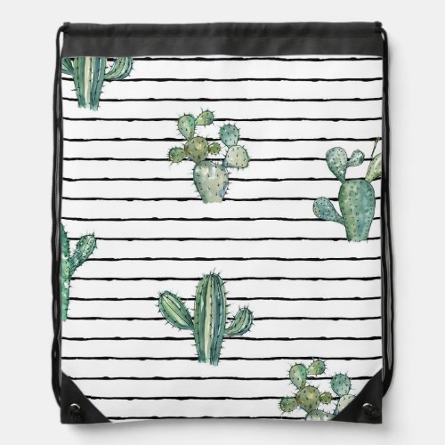 Cactus Watercolor Vintage Pen Drawing Drawstring Bag
