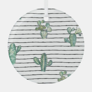 Cactus Watercolor: Vintage Pen Drawing. Glass Ornament