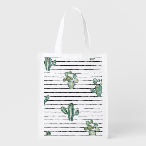 Cactus Watercolor Vintage Pen Drawing Grocery Bag
