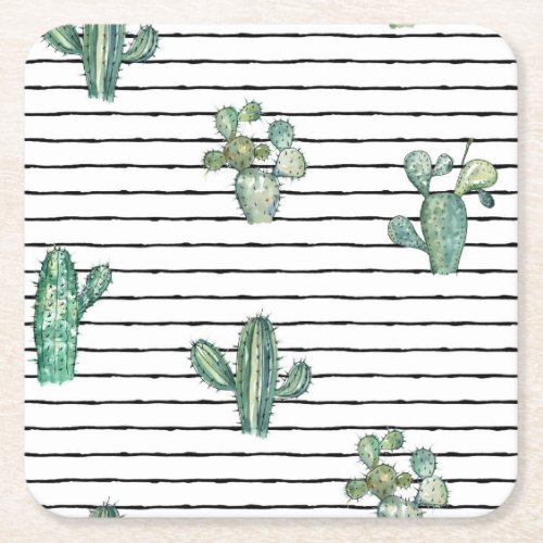 Cactus Watercolor Vintage Pen Drawing Square Paper Coaster