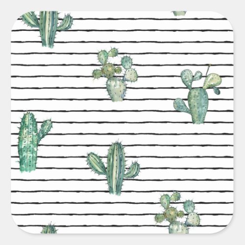 Cactus Watercolor Vintage Pen Drawing Square Sticker