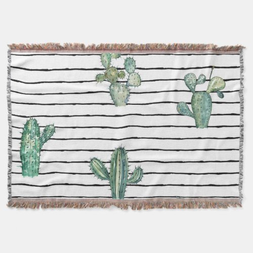 Cactus Watercolor Vintage Pen Drawing Throw Blanket