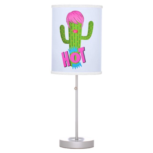Cactus Wearing Neon Pink Wig Lipstick Funny Table Lamp