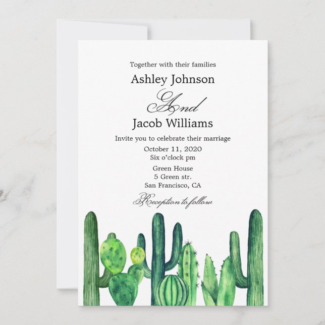 Cactus wedding invitation. Succulent modern invite (Front)