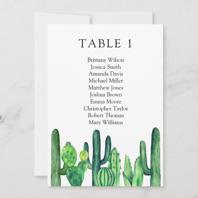 Cactus wedding seating chart. Green table plan Invitation (Front)