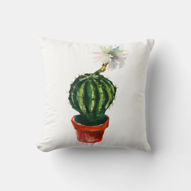 Cactus White Flower Watercolor Southwestern Boho Throw Pillow (Front)