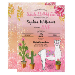 Cactus | Whole Llama Fun Girl 1st Birthday Party Invitation