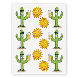 Cactus with Beer and Sun Cartoon Temporary Tattoos