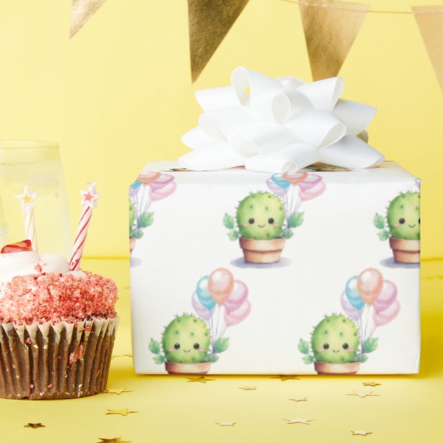 Cactus with Birthday Balloon Bouquet Wrapping Paper (Birthday Party)
