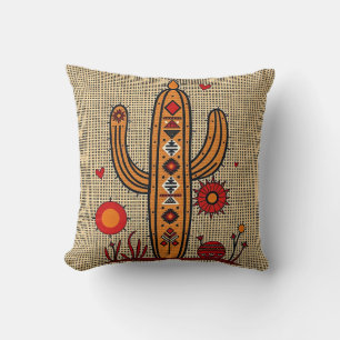 Cactus with Native American & Mexican Motifs Throw Pillow
