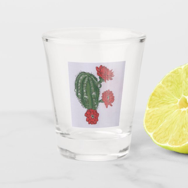 Cactus With Red Flowers 2  Shot Glass (Front)