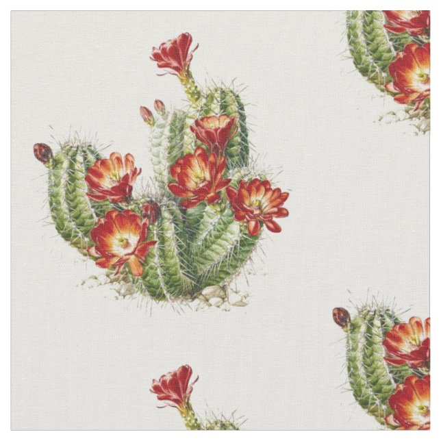 Cactus With Red Flowers Fabric (Close Up)