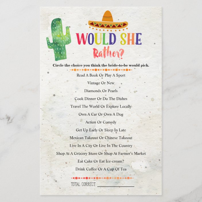 Cactus Would She Rather Bridal Shower Game Zazzle Com