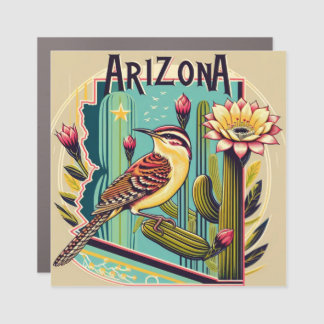 Cactus Wren and Arizona State Flower Green Car Magnet