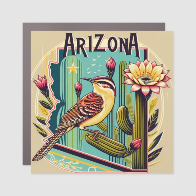 Cactus Wren and Arizona State Flower Green Car Magnet (Front)