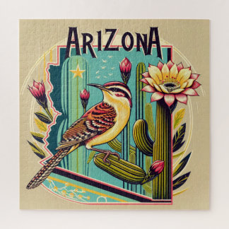 Cactus Wren Bird and Blossom of the Saguaro Cactus Jigsaw Puzzle