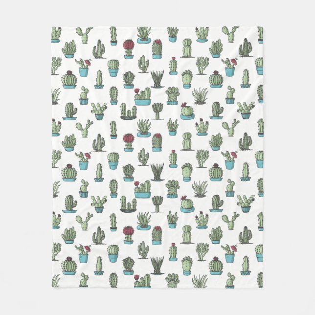 Cactuses and Succulents Plants Hand Drawn Pattern Fleece Blanket (Front)
