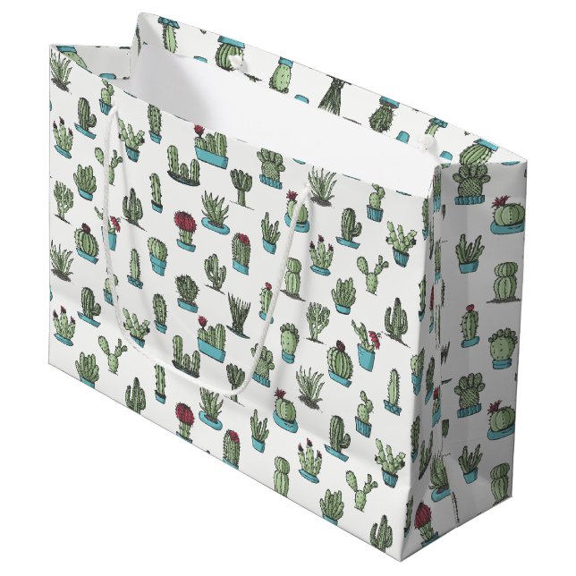 Cactuses and Succulents Plants Hand Drawn Pattern Large Gift Bag (Front Angled)