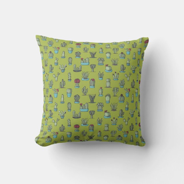Cactuses and Succulents Plants Hand Drawn Pattern Throw Pillow (Front)